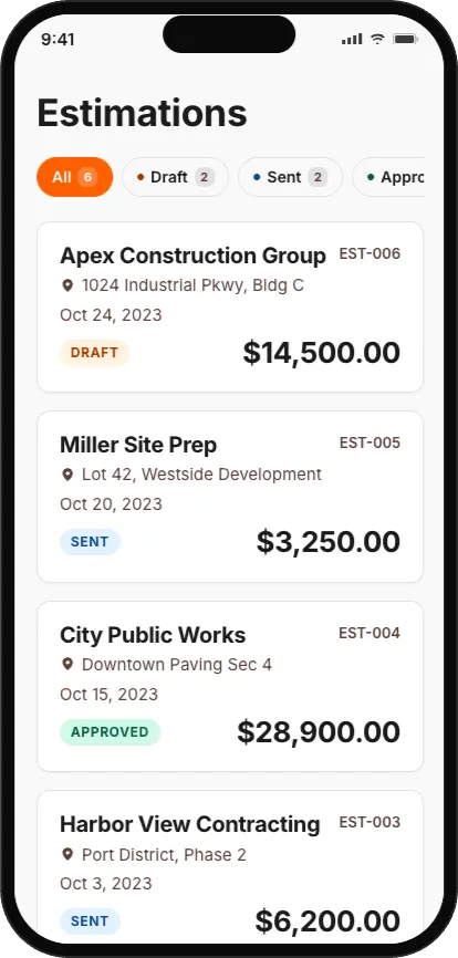 TapInvoice estimates list filtered by status