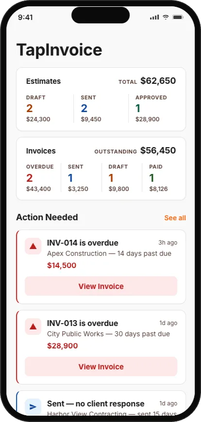 TapInvoice home screen showing estimates and invoices at a glance