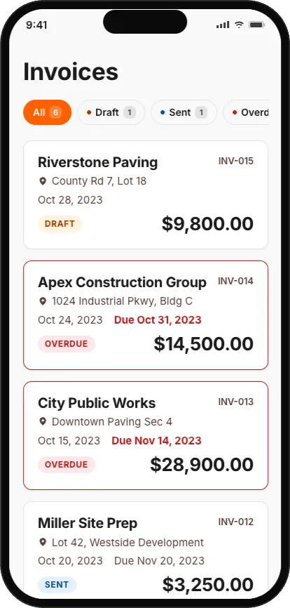 TapInvoice invoices list with overdue alerts